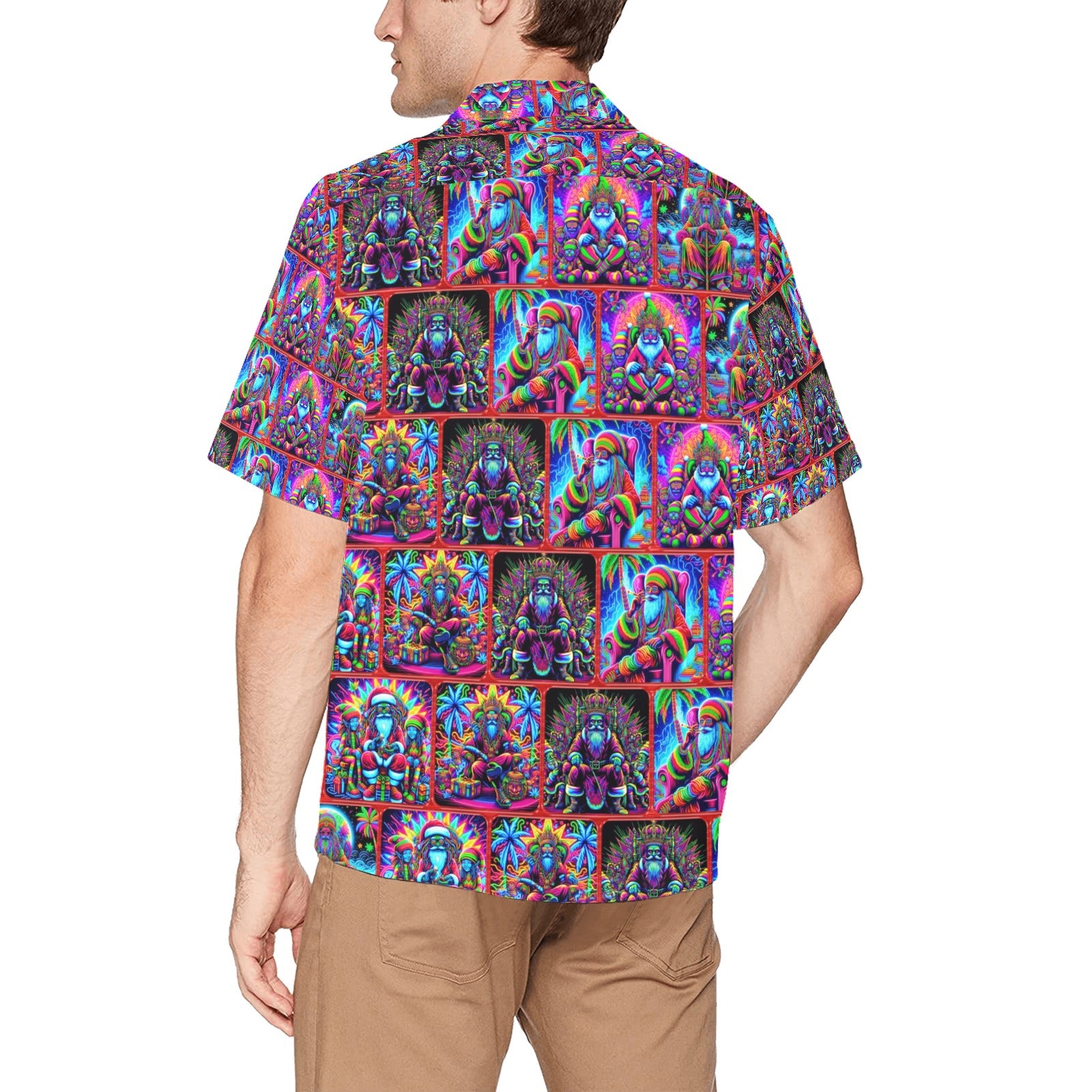 “Psychedelic Neon Toking Rasta Santa” Men’s Lounge Shirt – Sizes S- 5XL