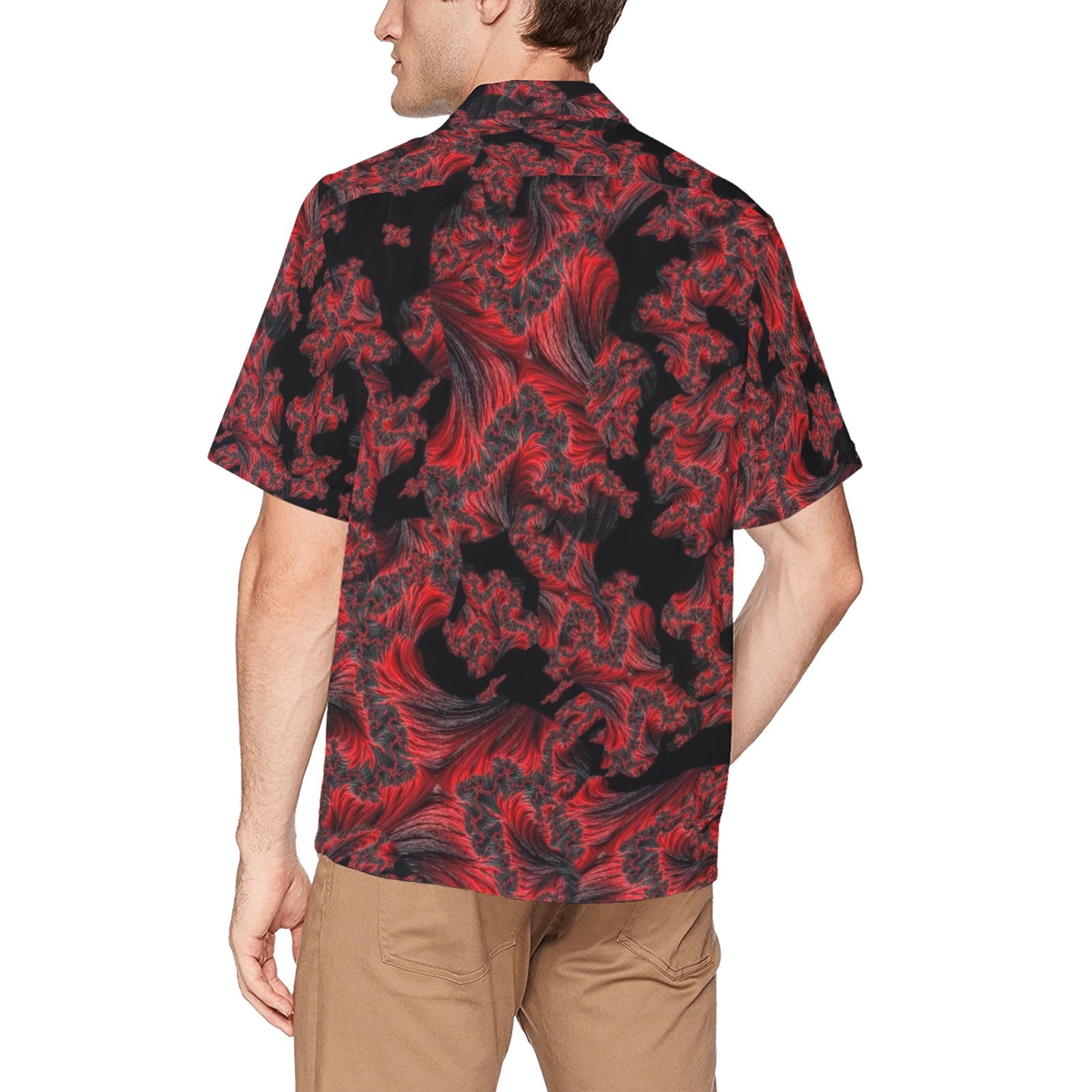 Camisa de estar por casa de diseñador para hombre con bolsillo "Plumas rojas en negro"