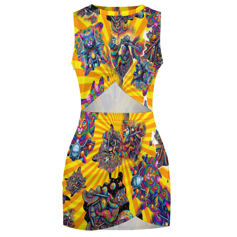 "Psychedelic Cats on Motorcycles" Navel-Baring Cross-Fit Hip Skirt