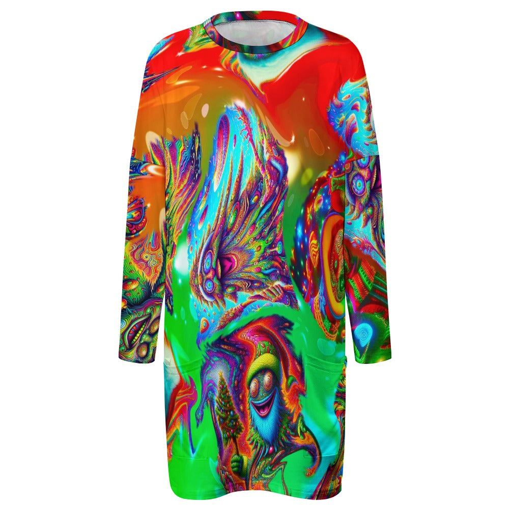 “Psychedelic Christmas Tree People” Long Sleeve T-Shirt Dress - Size 2XS - 6XL