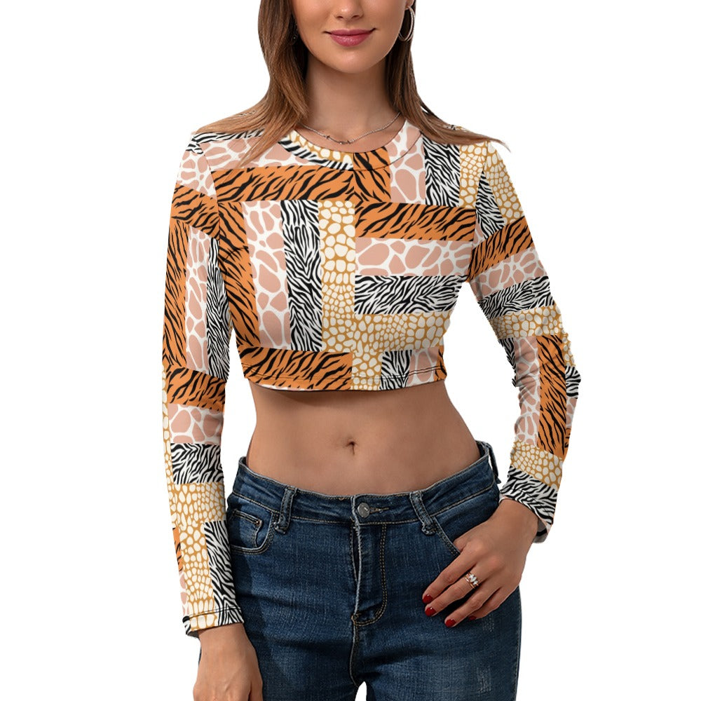 “African Rotating Safari” Women's Long Sleeve Round Neck Crop Top