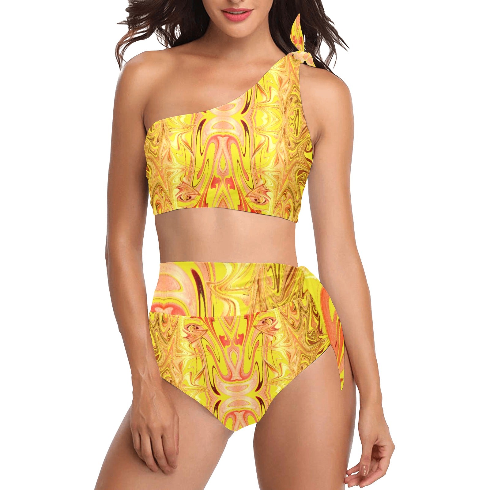 Bañador bikini de un hombro y talle alto “Fire and Gold”