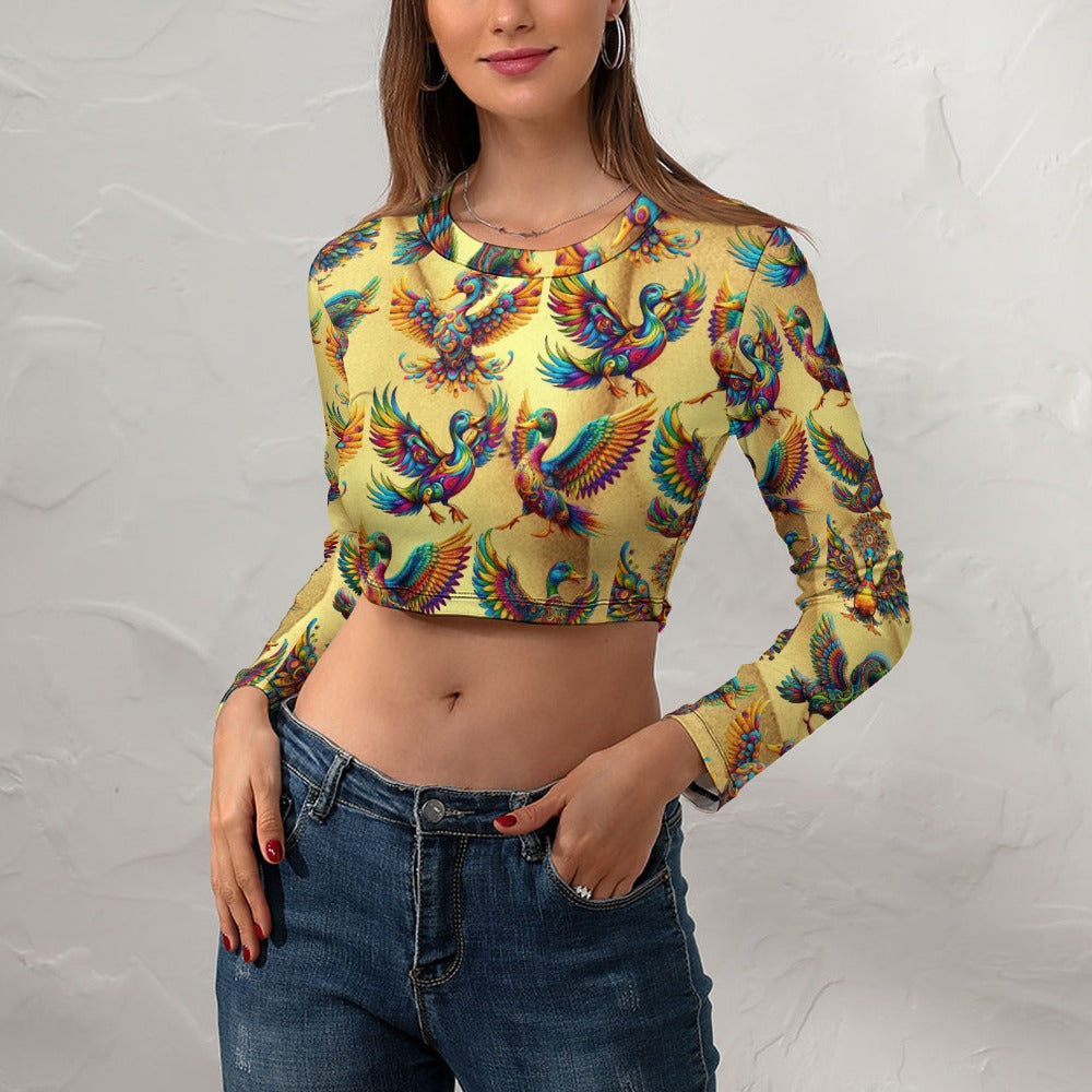 “Psychedelic Ducks on Gold” Women's Long Sleeve Round Neck Crop Top