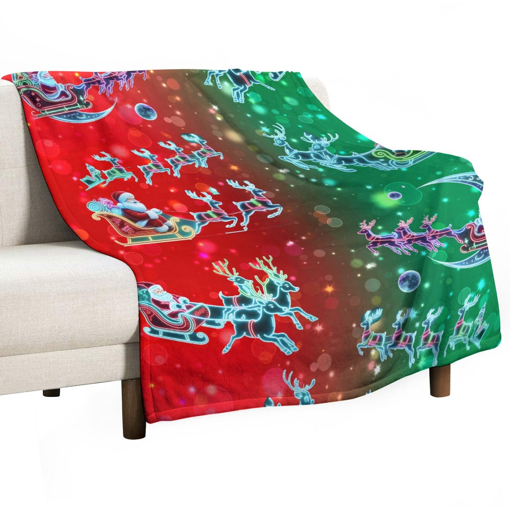 “Neon Santas in Magical Christmas Sleigh with Reindeer” Ultra-Soft Flannel Blanket – 70” x 80”