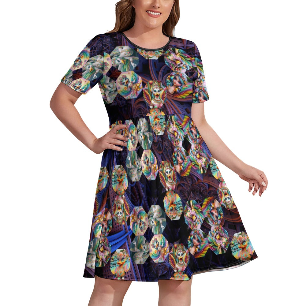 “Fairie Ducks in a Space Machine” Womens Plus Size High Waist Dress