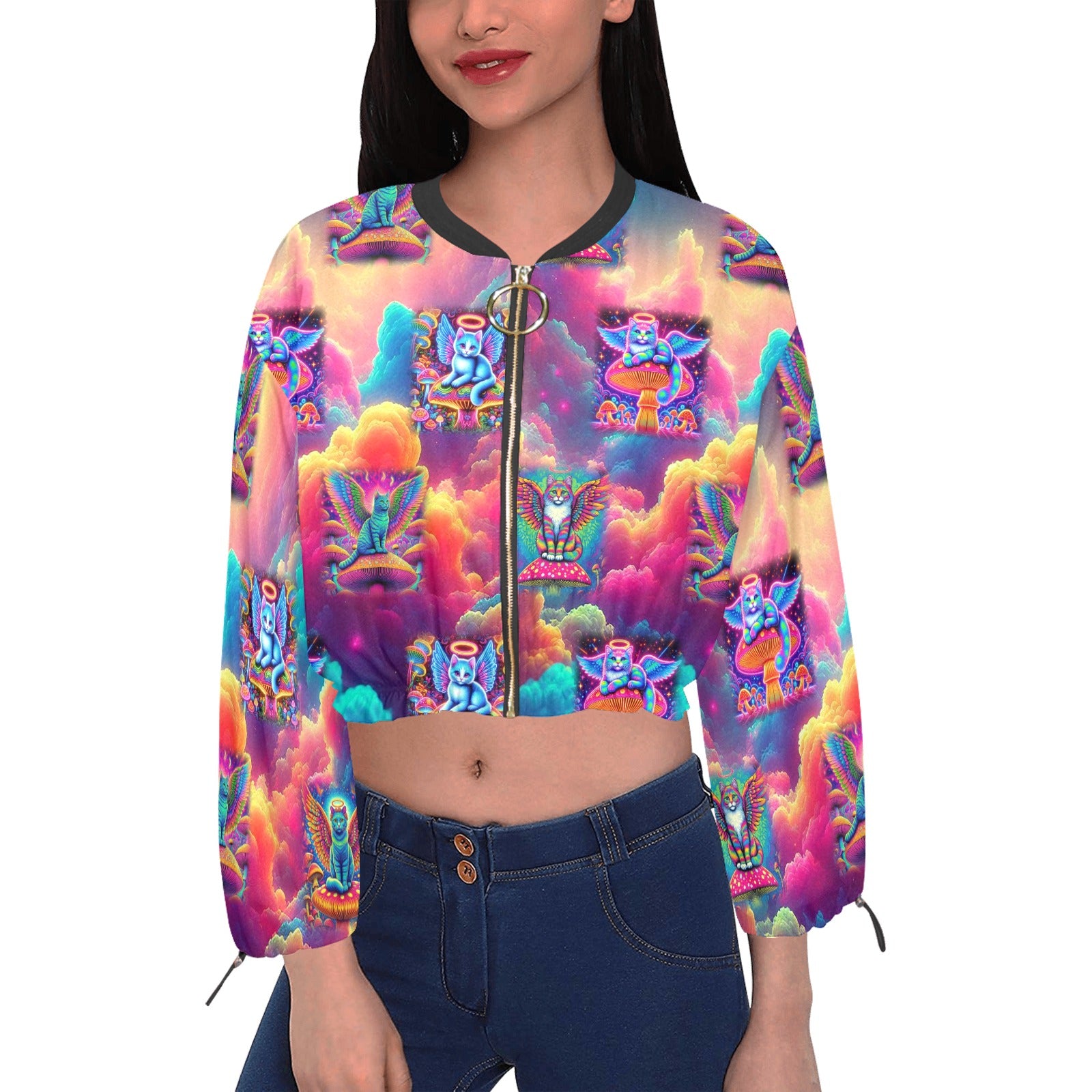 “Heavenly Angel Cats on Psychedelic Mushrooms” Women's Chiffon Long Sleeve Crop Jacket