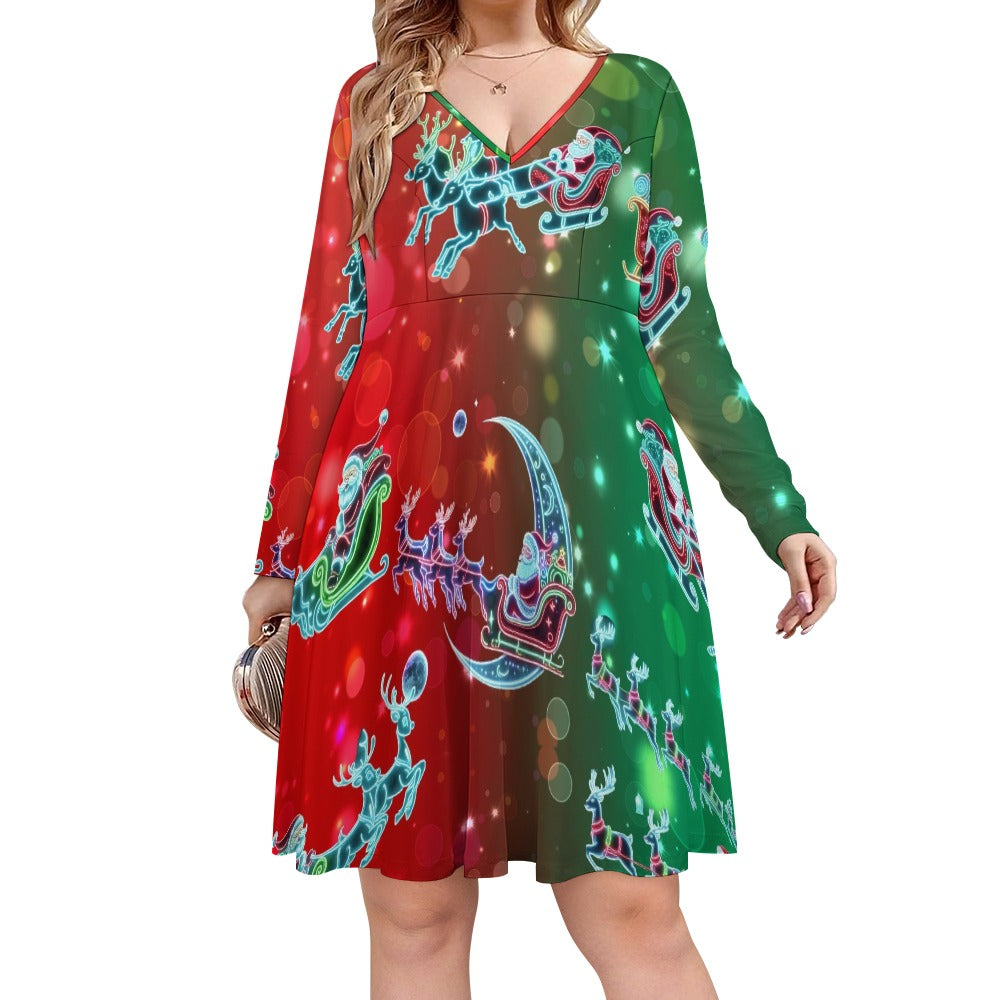 “Neon Santas in Magical Christmas Sleigh with Reindeer” Women’s Oversized V-Neck Dress  – Sizes S – 8XL