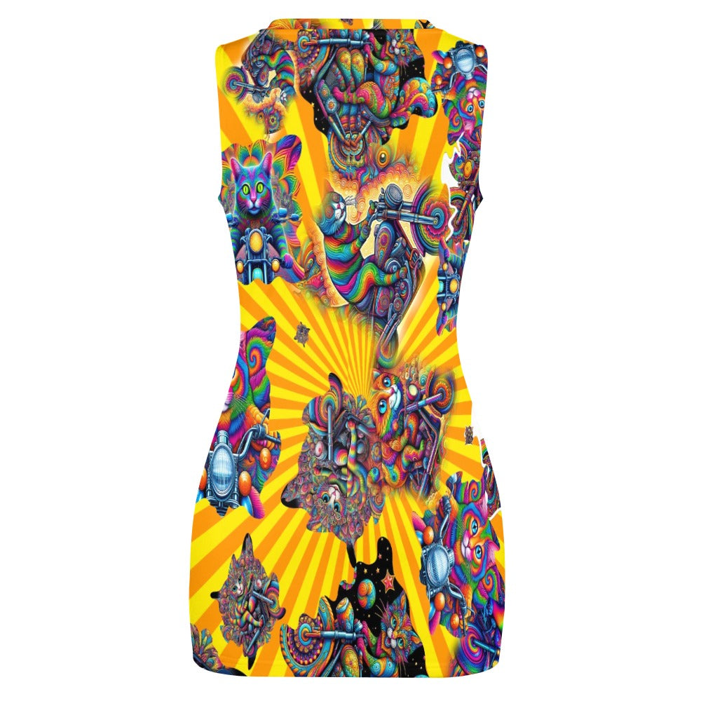 "Psychedelic Cats on Motorcycles" Navel-Baring Cross-Fit Hip Skirt