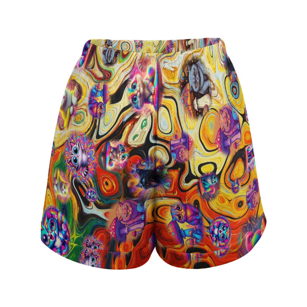 "Psychedelic Cats" Women"s High Waist Loose Elastic Waist Shorts - 3 Crazy Prints